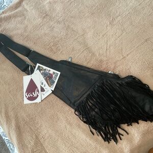 The Sash Bag black leather with fringe